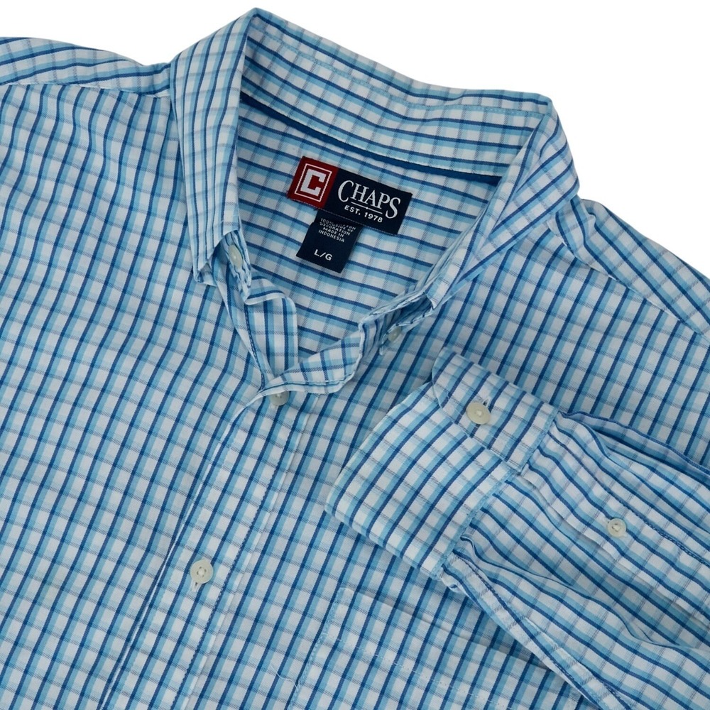 CHAPS Mens L Blue Plaid Long Sleeve Button Up Shirt Crest logo 100% Cotton